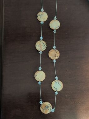 you & i necklace mother of pearl tangerine discs beaded silver tone chain boho